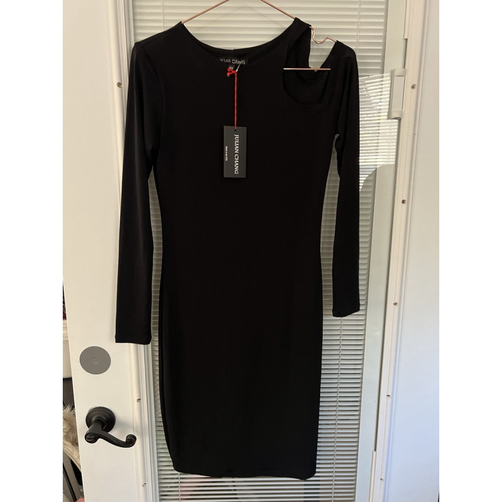 Julian Chang LBD Dress Black L/S Cut Out Size L Stretch USA NWT‎
